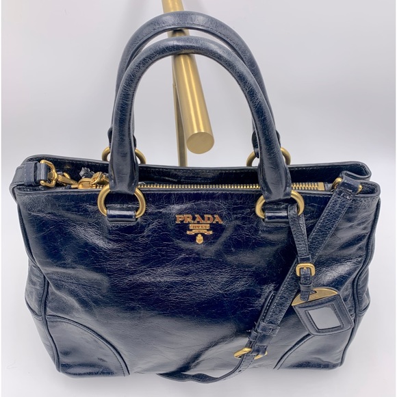 Prada Navy Blue Vitello Shine Medium 2way Shopping Tote Bag Preloved Purse - Picture 4 of 16